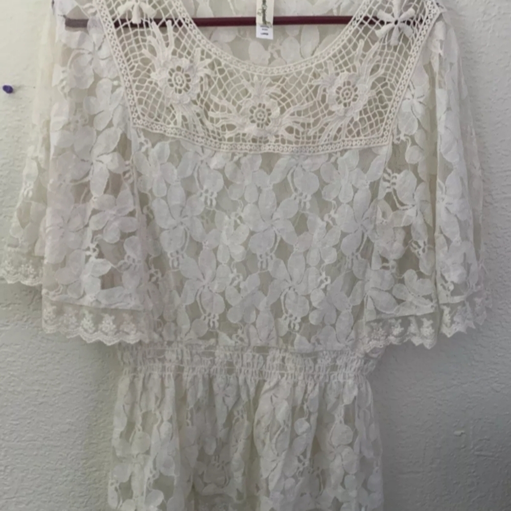 Off White Lacey Blouse sheer Floral Crochet Detail Bell Sleeve Romantic
